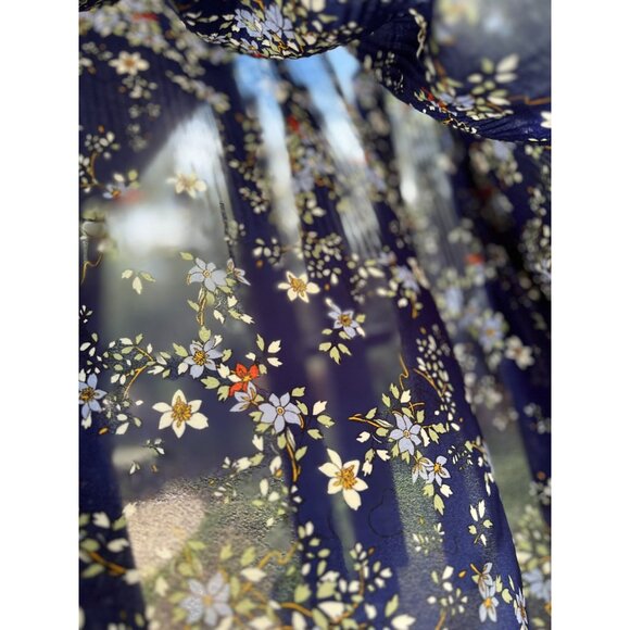 MAX STUDIO XL Navy-Blue Floral Pleated Blouse Long Bell Sleeves Boho Peasant - Picture 9 of 10